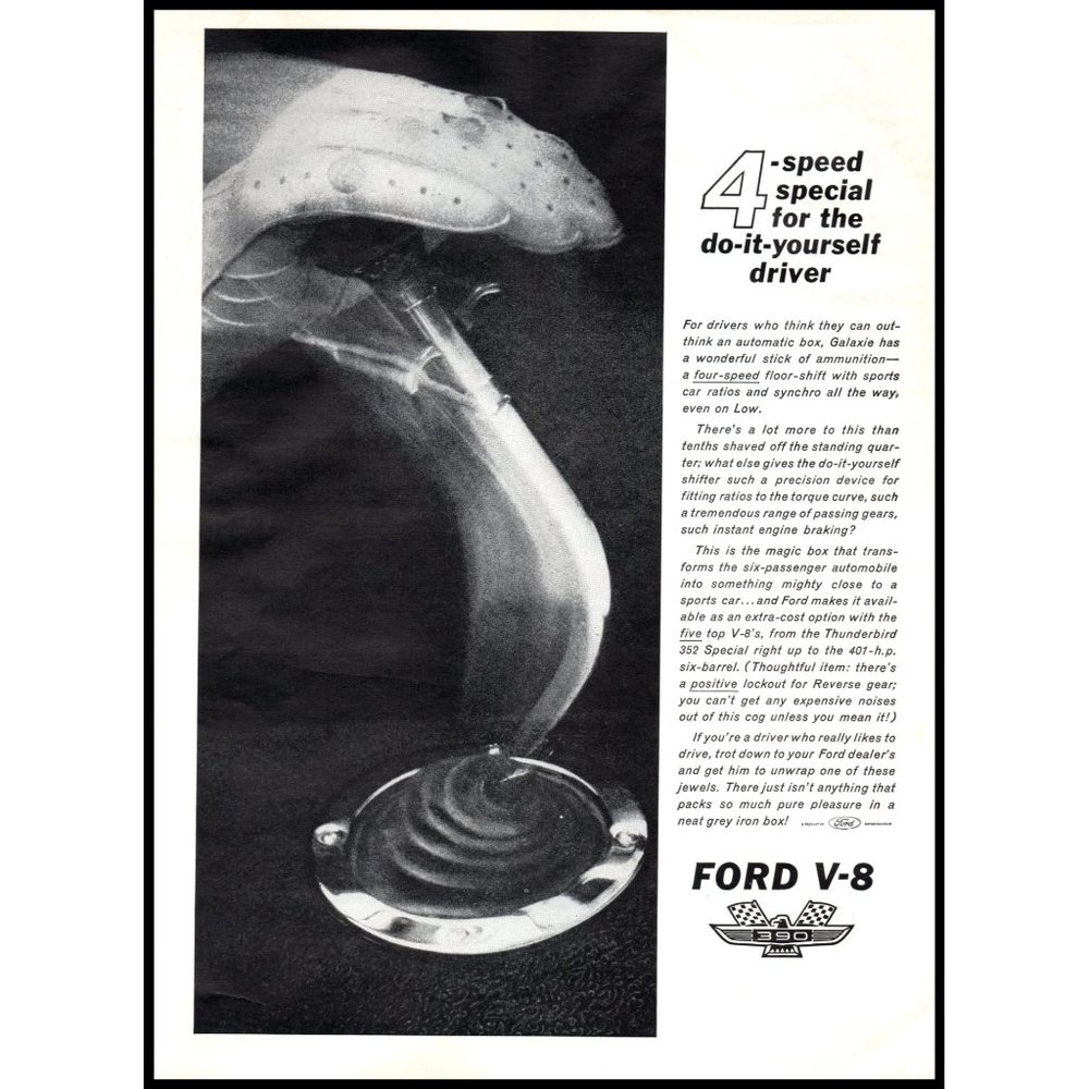 1961 Ford Galaxie 390 V-8 Engine 4 Speed Shifter Vintage Print Ad Glove Wall Art